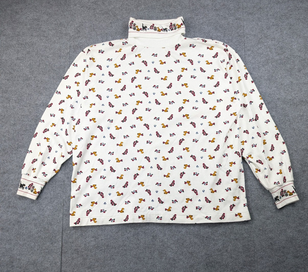 Vintage Northern Isles Turtleneck Shirt Women Large Cat Novelty Micro Floral 90s